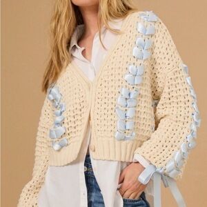 ALTAR'D STATE Women's Cream Sweater with Blue Ribbons